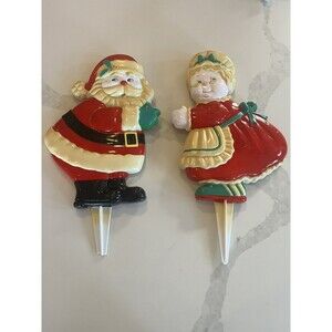Vintage Plastic JSNY Yard Christmas Decor Yard Stake Santa Mrs Claus